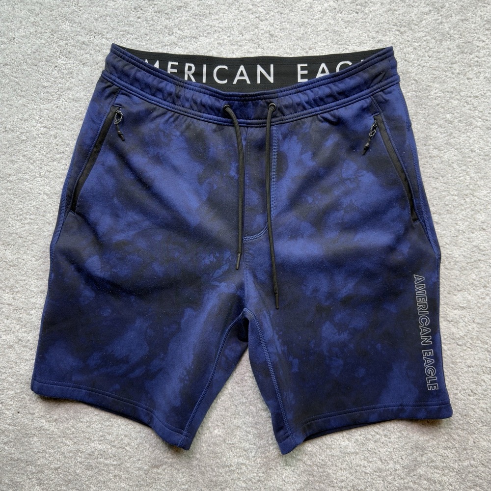American Eagle Active Flex Shorts Mens Medium Blue Tie Dye Zip Pockets Gym